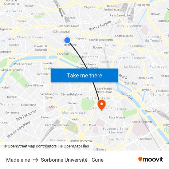 Madeleine to Sorbonne Université - Curie map