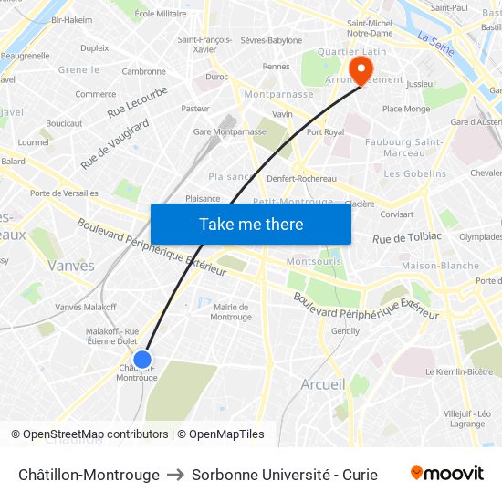 Châtillon-Montrouge to Sorbonne Université - Curie map