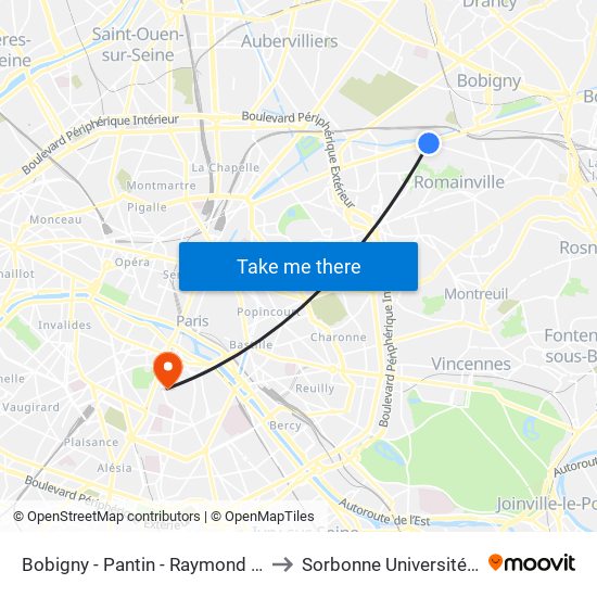 Bobigny - Pantin - Raymond Queneau to Sorbonne Université - Curie map