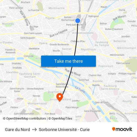 Gare du Nord to Sorbonne Université - Curie map