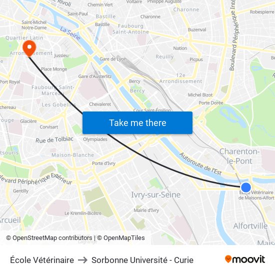 École Vétérinaire to Sorbonne Université - Curie map