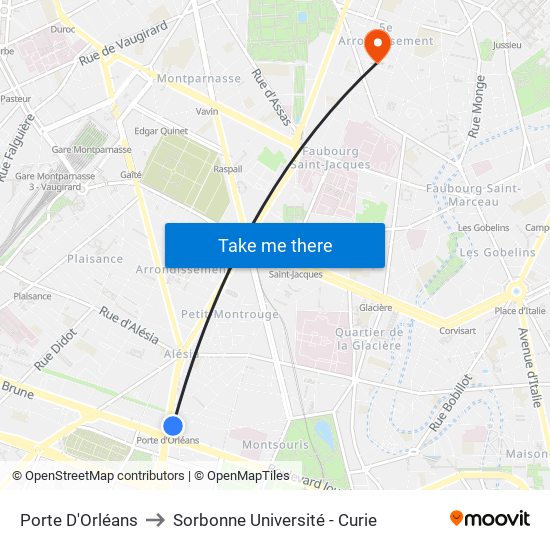 Porte D'Orléans to Sorbonne Université - Curie map