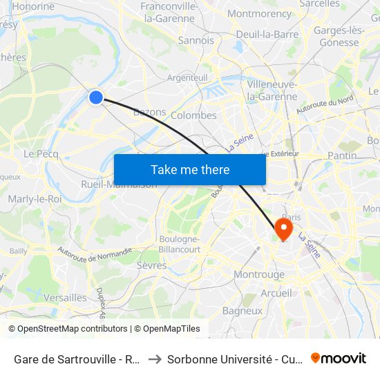 Gare de Sartrouville - RER to Sorbonne Université - Curie map