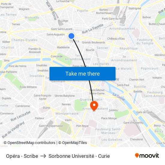 Opéra - Scribe to Sorbonne Université - Curie map