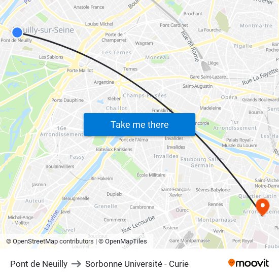 Pont de Neuilly to Sorbonne Université - Curie map