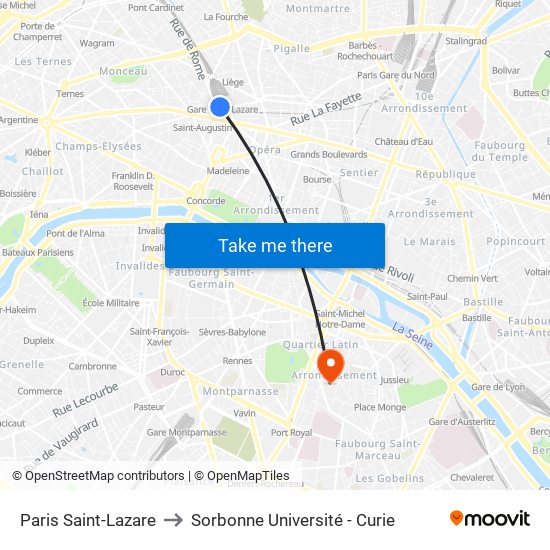 Paris Saint-Lazare to Sorbonne Université - Curie map