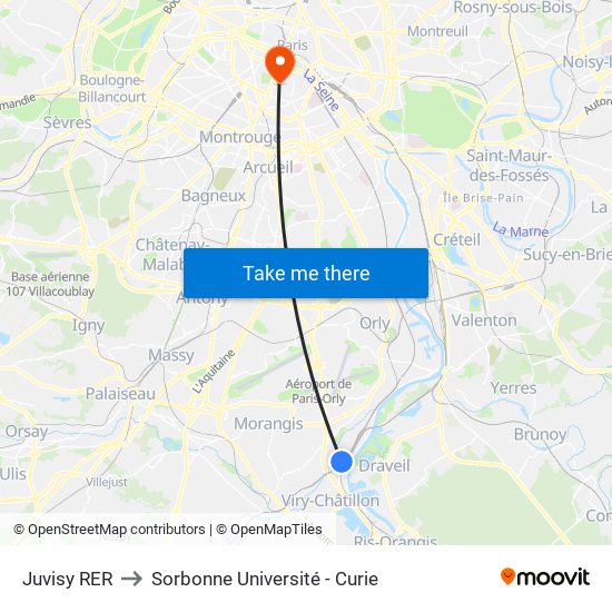 Juvisy RER to Sorbonne Université - Curie map