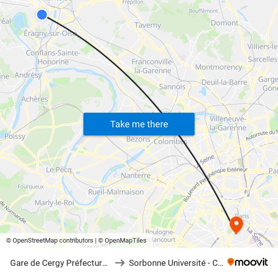 Gare de Cergy Préfecture (C) to Sorbonne Université - Curie map
