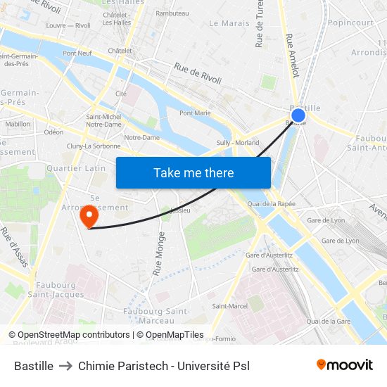 Bastille to Chimie Paristech - Université Psl map