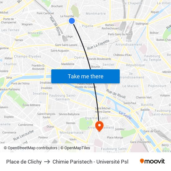 Place de Clichy to Chimie Paristech - Université Psl map