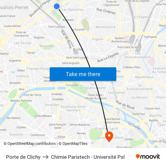 Porte de Clichy to Chimie Paristech - Université Psl map
