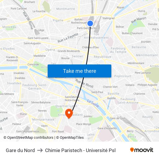 Gare du Nord to Chimie Paristech - Université Psl map