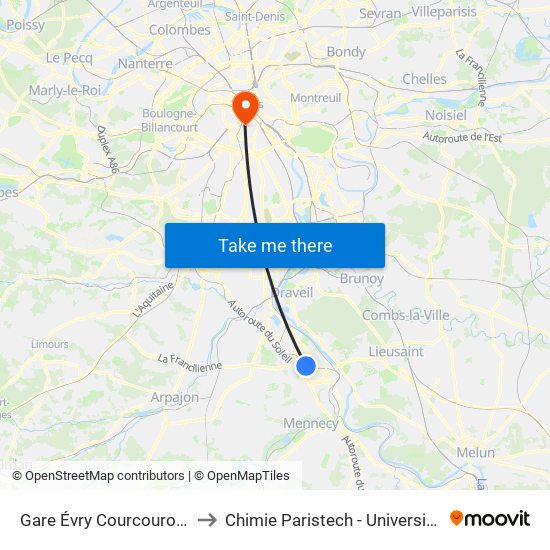 Gare Évry Courcouronnes to Chimie Paristech - Université Psl map