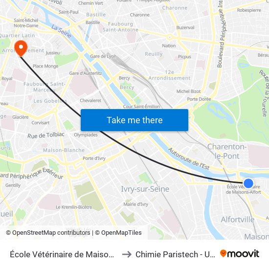 École Vétérinaire de Maisons-Alfort - Métro to Chimie Paristech - Université Psl map