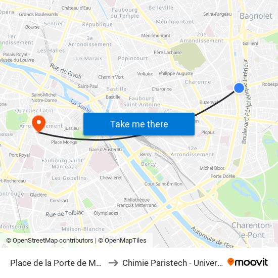 Place de la Porte de Montreuil to Chimie Paristech - Université Psl map