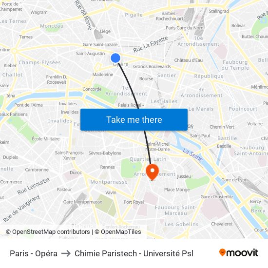 Paris - Opéra to Chimie Paristech - Université Psl map