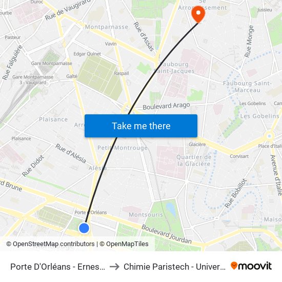 Porte D'Orléans - Ernest Reyer to Chimie Paristech - Université Psl map