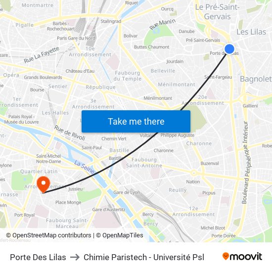 Porte Des Lilas to Chimie Paristech - Université Psl map