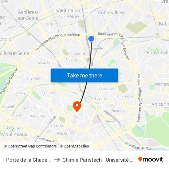 Porte de la Chapelle to Chimie Paristech - Université Psl map
