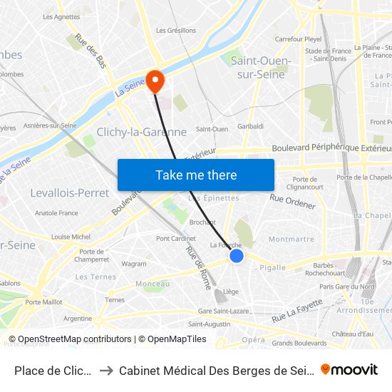 Place de Clichy to Cabinet Médical Des Berges de Seine map
