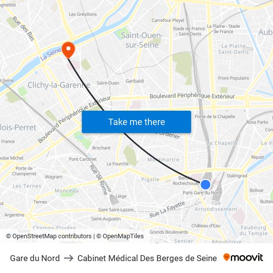 Gare du Nord to Cabinet Médical Des Berges de Seine map