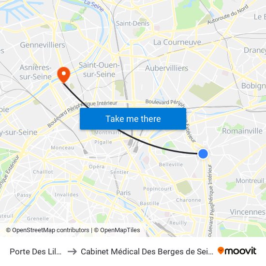 Porte Des Lilas to Cabinet Médical Des Berges de Seine map