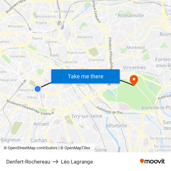 Denfert-Rochereau to Léo Lagrange map