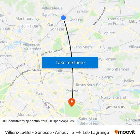 Villiers-Le-Bel - Gonesse - Arnouville to Léo Lagrange map