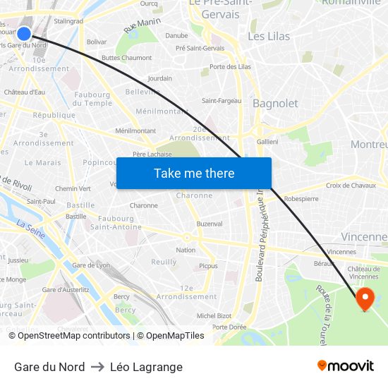 Gare du Nord to Léo Lagrange map