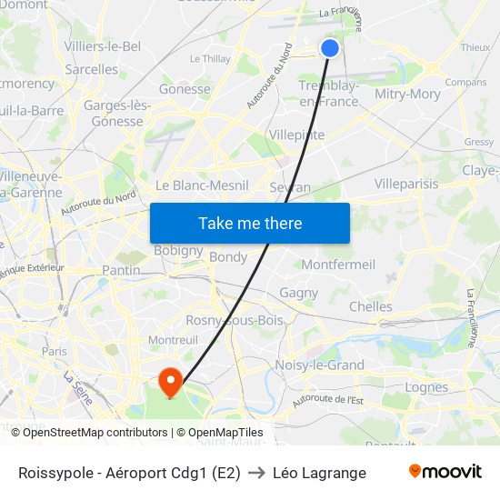 Roissypole - Aéroport Cdg1 (E2) to Léo Lagrange map