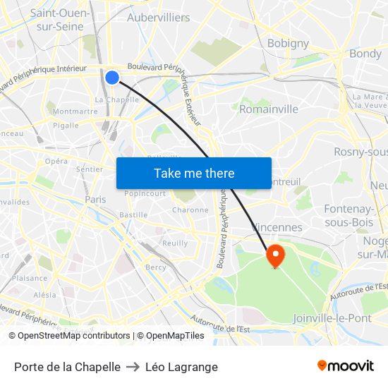 Porte de la Chapelle to Léo Lagrange map