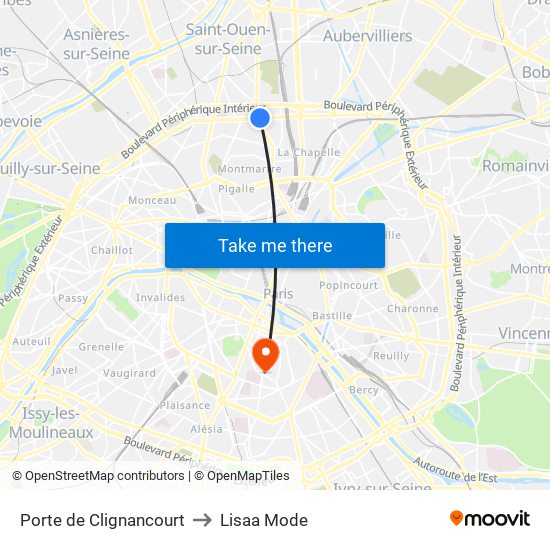 Porte de Clignancourt to Lisaa Mode map