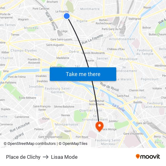 Place de Clichy to Lisaa Mode map