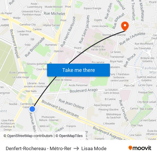 Denfert-Rochereau - Métro-Rer to Lisaa Mode map