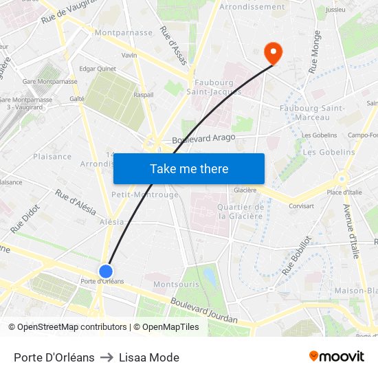 Porte D'Orléans to Lisaa Mode map