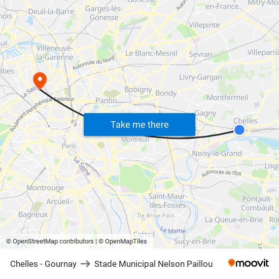 Chelles - Gournay to Stade Municipal Nelson Paillou map