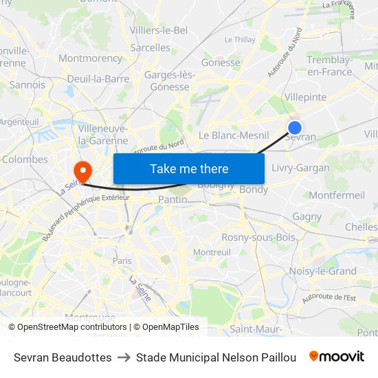 Sevran Beaudottes to Stade Municipal Nelson Paillou map