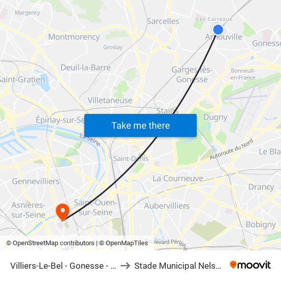 Villiers-Le-Bel - Gonesse - Arnouville to Stade Municipal Nelson Paillou map