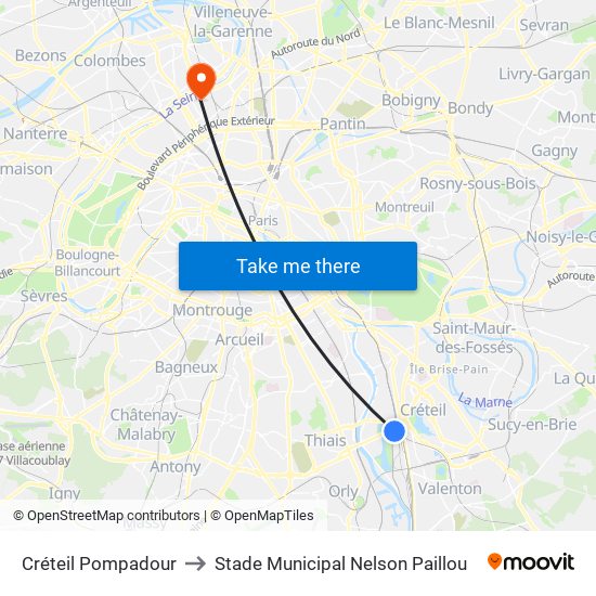 Créteil Pompadour to Stade Municipal Nelson Paillou map