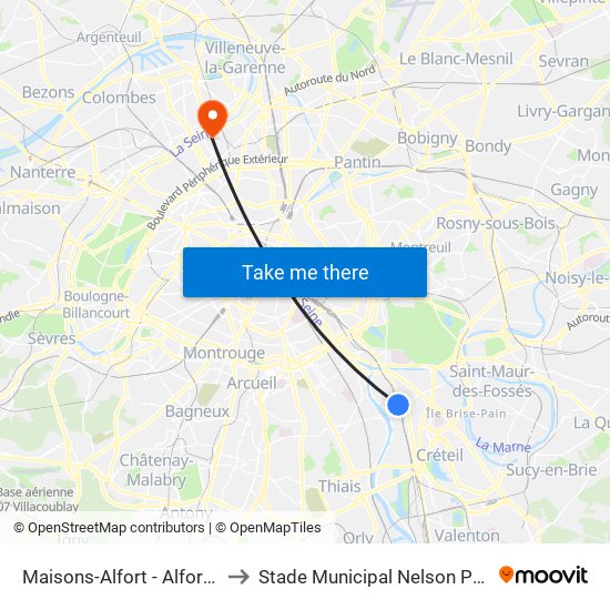 Maisons-Alfort - Alfortville to Stade Municipal Nelson Paillou map