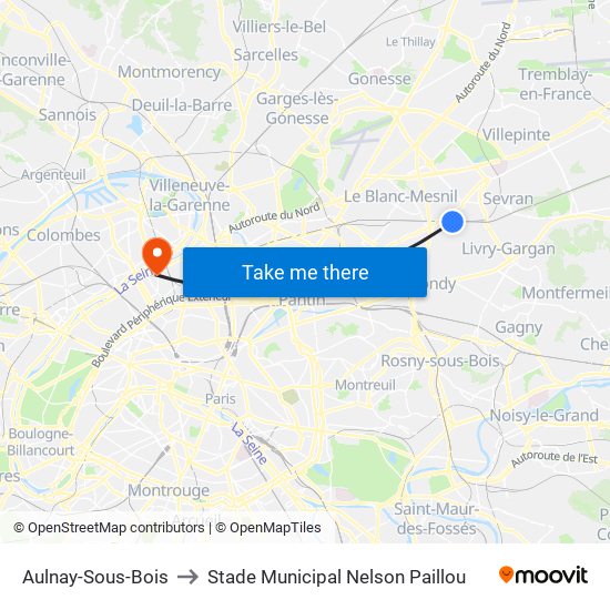 Aulnay-Sous-Bois to Stade Municipal Nelson Paillou map