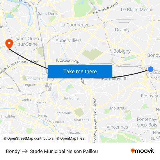 Bondy to Stade Municipal Nelson Paillou map