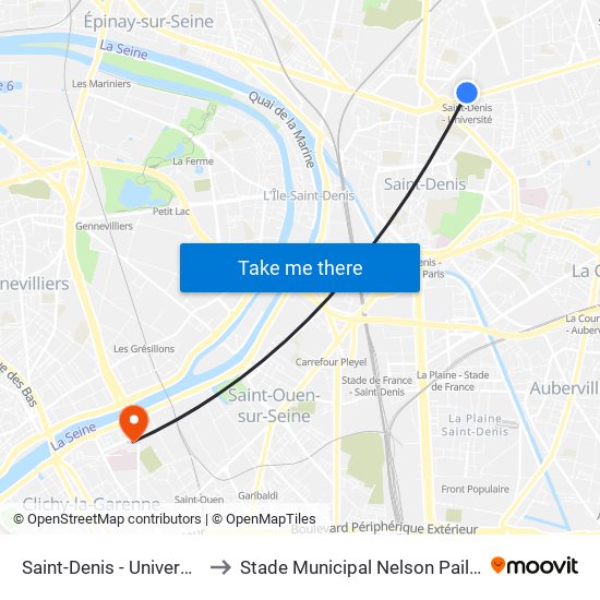 Saint-Denis - Université to Stade Municipal Nelson Paillou map