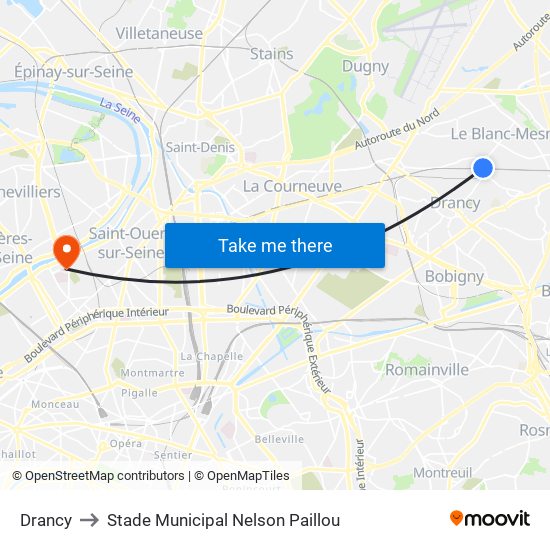 Drancy to Stade Municipal Nelson Paillou map