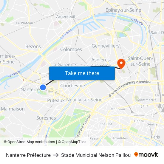 Nanterre Préfecture to Stade Municipal Nelson Paillou map