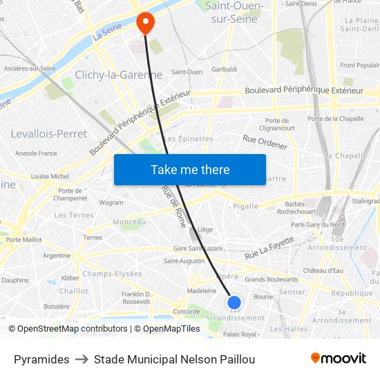 Pyramides to Stade Municipal Nelson Paillou map