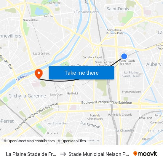 La Plaine Stade de France to Stade Municipal Nelson Paillou map