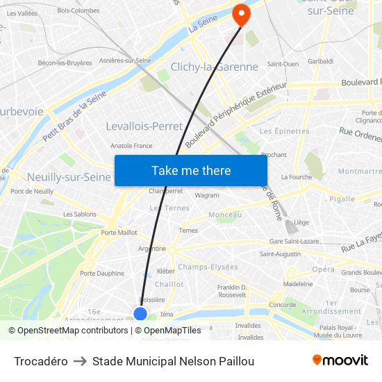 Trocadéro to Stade Municipal Nelson Paillou map