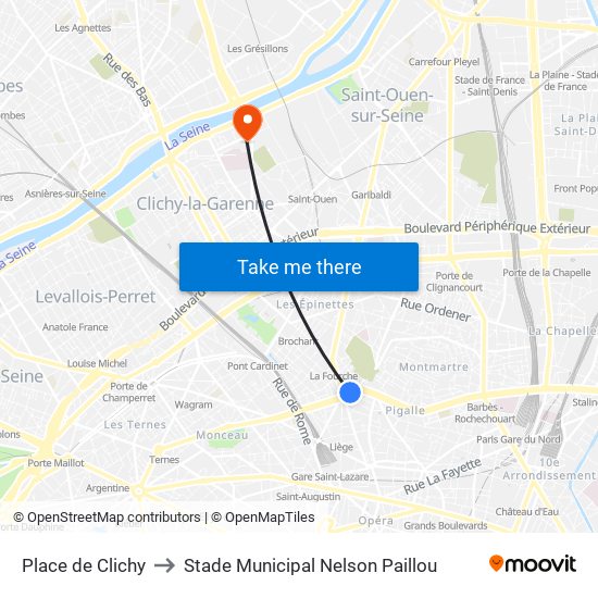 Place de Clichy to Stade Municipal Nelson Paillou map