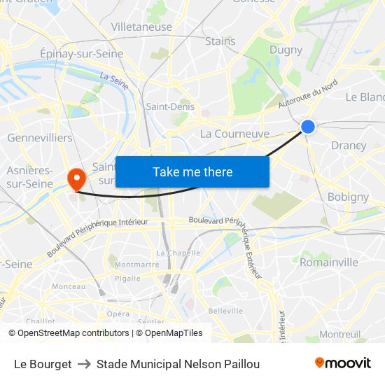 Le Bourget to Stade Municipal Nelson Paillou map